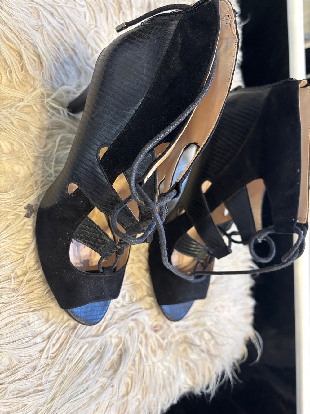 Nine West Black Lace-Up Peep Toe Heels with Cutout Details